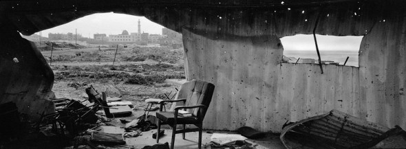 Gaza Strip, January 27, Gaza City, destroyed Hamas seaside container post. A Quran was left behind on a chair.